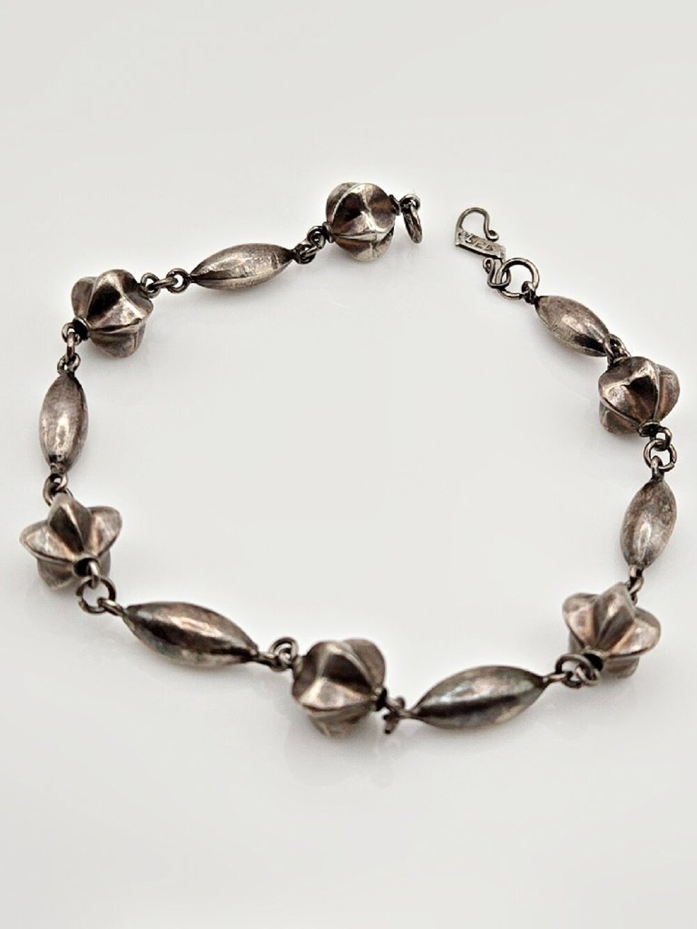 Mid-Century Sterling Bracelet 925 Beaded Floral Link 7.5" Artisan Modernist